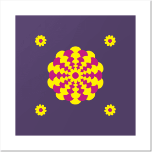 Yellow and Cerise Dahlia and Daisies on a Deep Purple background Posters and Art